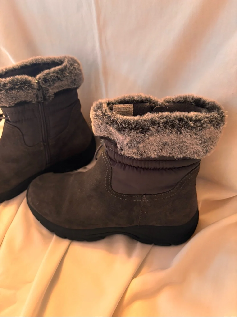 Lands' End Women's Gray Suede Faux-Fur Cuff Ankle Snow Boots